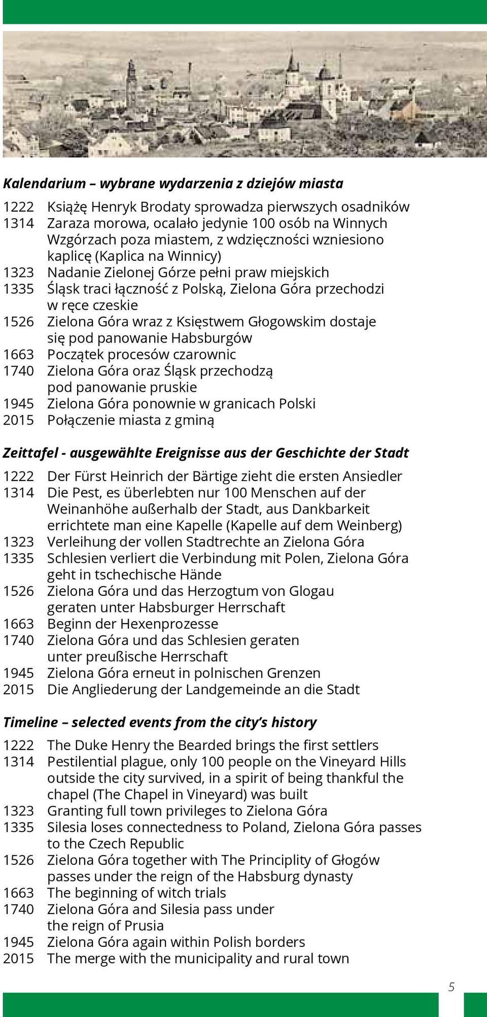 z Księstwem Głogowskim dostaje się pod panowanie Habsburgów 1663 Początek procesów czarownic 1740 Zielona Góra oraz Śląsk przechodzą pod panowanie pruskie 1945 Zielona Góra ponownie w granicach