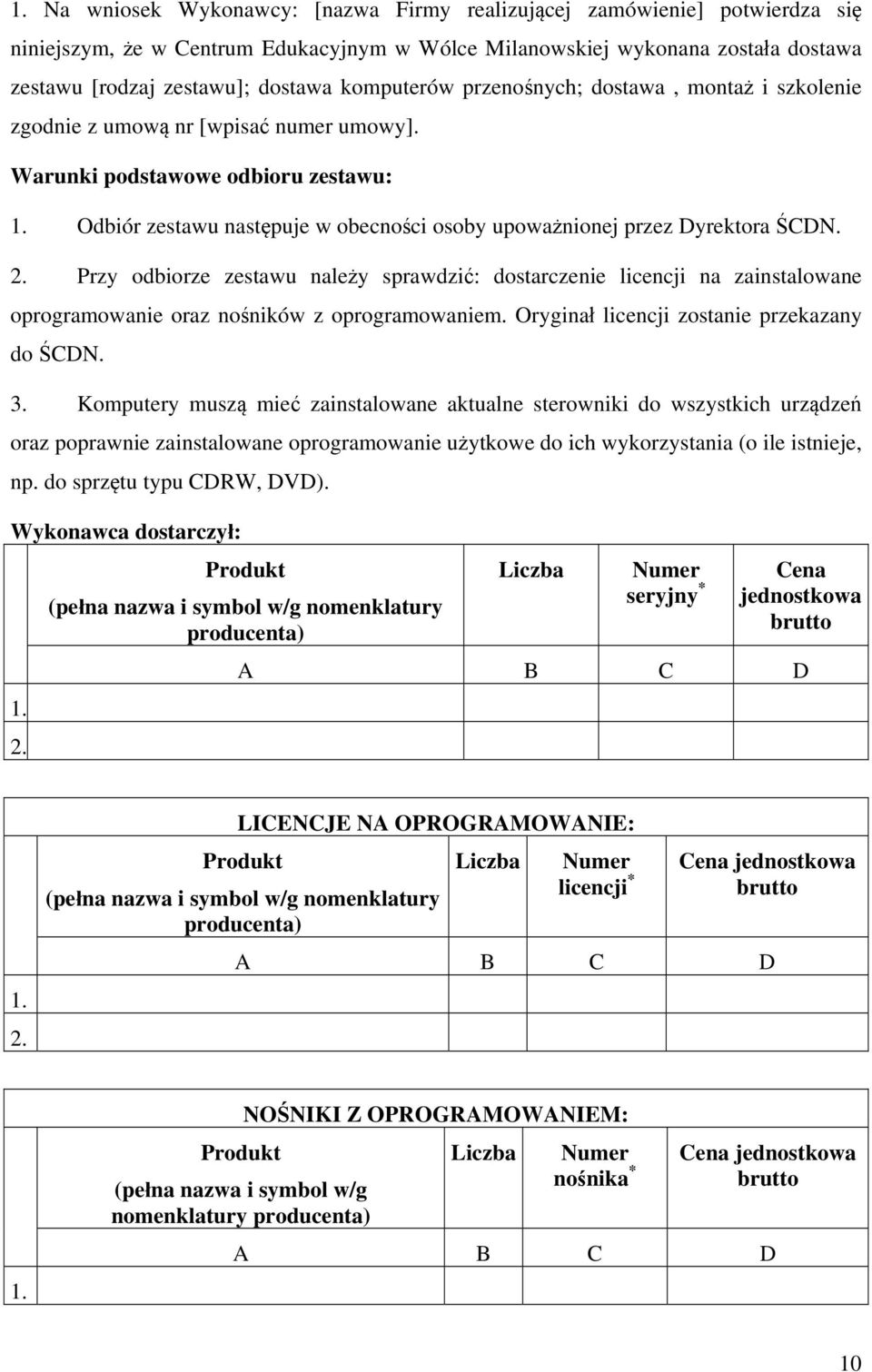 Odbiór zestawu następuje w obecności osoby upoważnionej przez Dyrektora ŚCDN. 2.