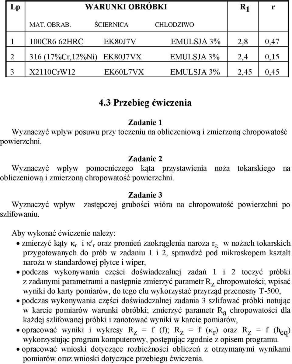 Zadanie 2 Wyznaczyć wpływ pomocniczego kąta przystawienia noża tokarskiego na obliczeniową i zmierzoną chropowatość powierzchni. Wyznaczyć wpływ szlifowaniu.