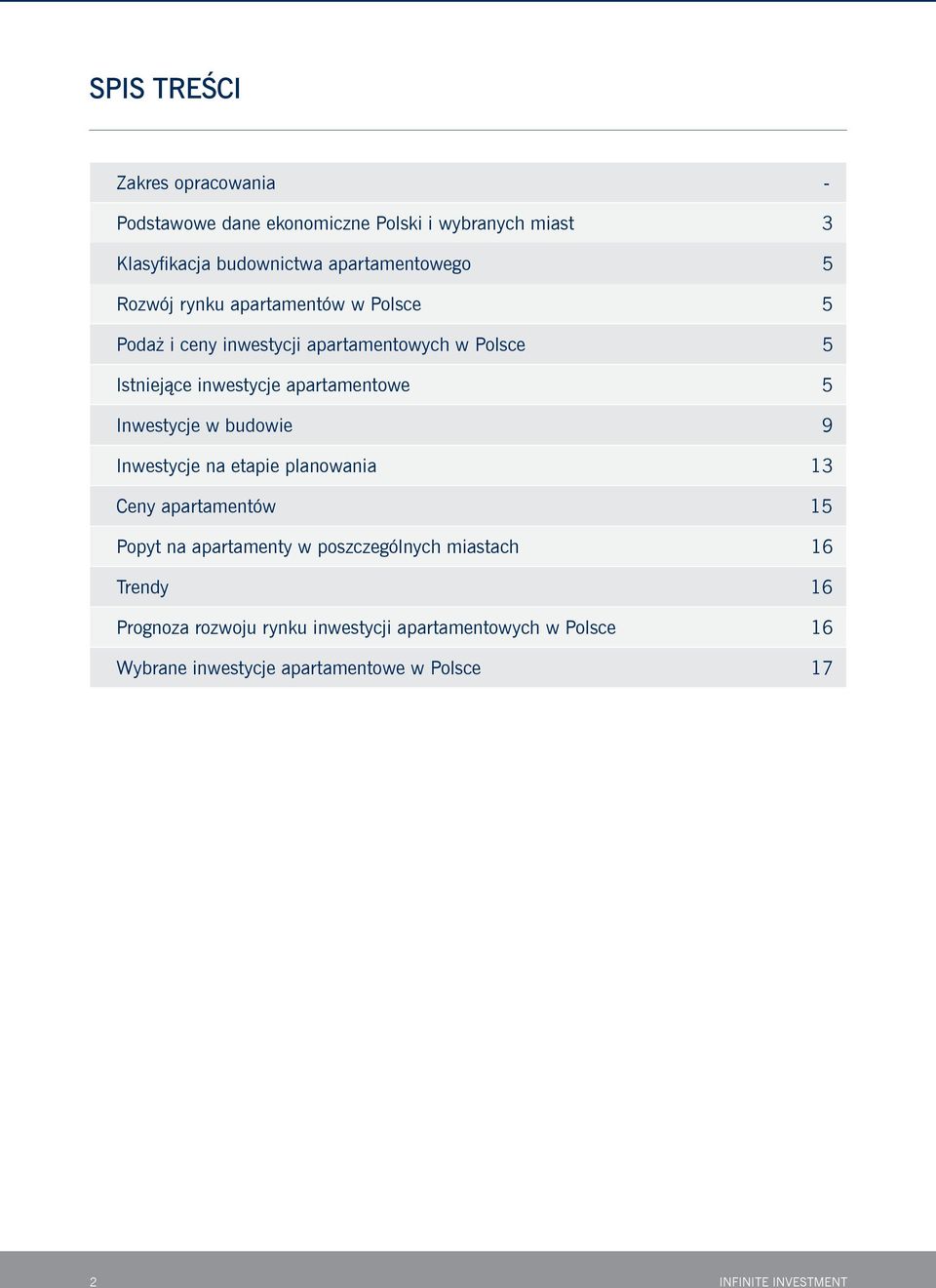 Inwestycje w budowie 9 Inwestycje na etapie planowania 13 Ceny apartamentów 15 Popyt na apartamenty w poszczególnych miastach 16