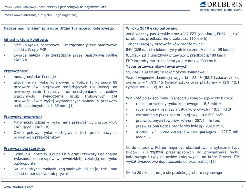 aktualnie na rynku kolejowym w Polsce funkcjonuje 89 przewoźników kolejowych posiadających 161 licencji na przewozy osób i rzeczy oraz udostępnianie pojazdów trakcyjnych/ świadczenie usług