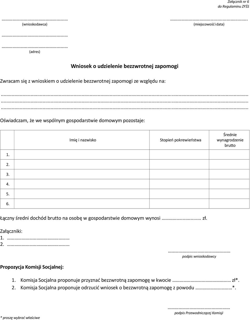 ........ Oświadczam, że we wspólnym gospodarstwie domowym pozostaje: Imię i nazwisko Stopień pokrewieństwa Średnie wynagrodzenie brutto 1. 2. 3. 4. 5. 6.