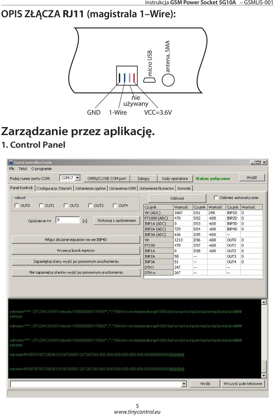 micro USB antena, SMA nie używany GND 1-Wire