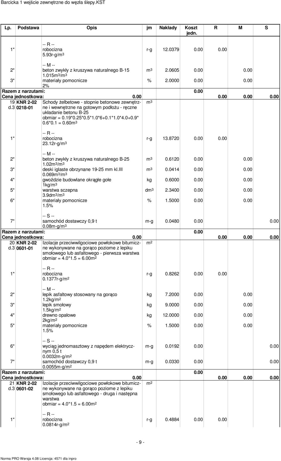 19*0.25*0.5*1.0*6+0.1*1.0*4.0+0.9* 0.6*0.1 = 0.60 23.12r-g/ r-g 13.8720 0.00 0.00 0.6120 0.00 0.00 0.0414 0.00 0.00 kg 0.6000 0.00 0.00 d 2.3400 0.00 0.00 2* beton zwykły z kruszywa naturalnego B-25 1.