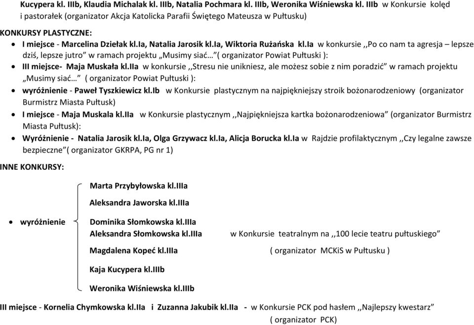 ia, Wiktoria Rużańska kl.ia w konkursie,,po co nam ta agresja lepsze dziś, lepsze jutro w ramach projektu Musimy siać ( organizator Powiat Pułtuski ): III miejsce- Maja Muskała kl.