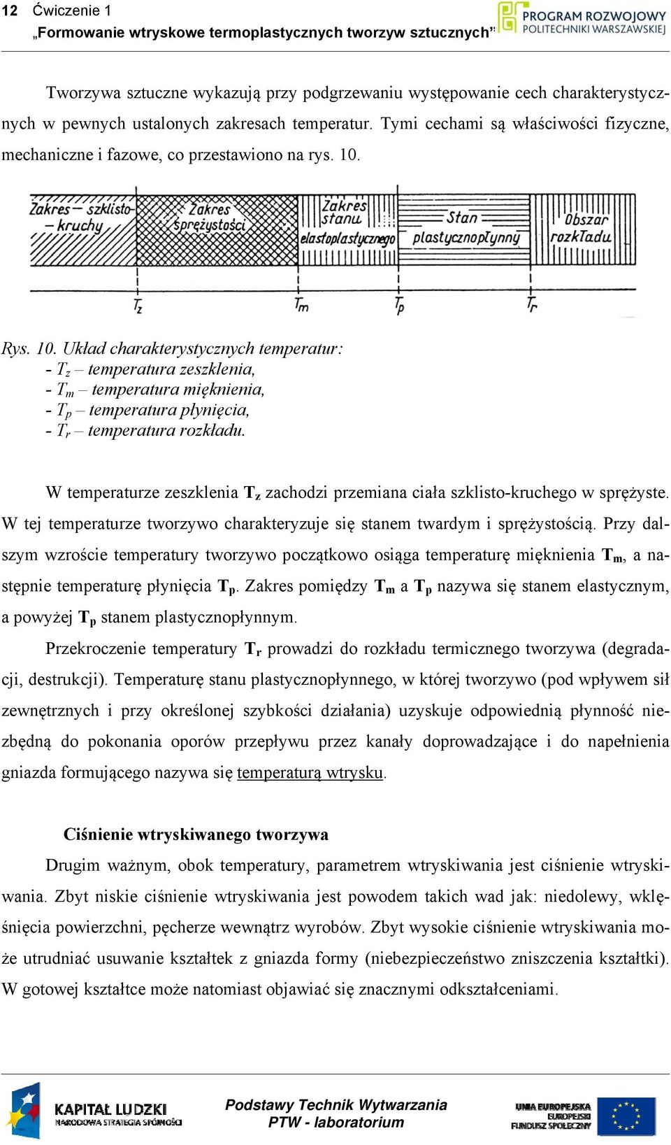 Rys. 10. Układ charakterystycznych temperatur: - T z temperatura zeszklenia, - T m temperatura mięknienia, - T p temperatura płynięcia, - T r temperatura rozkładu.