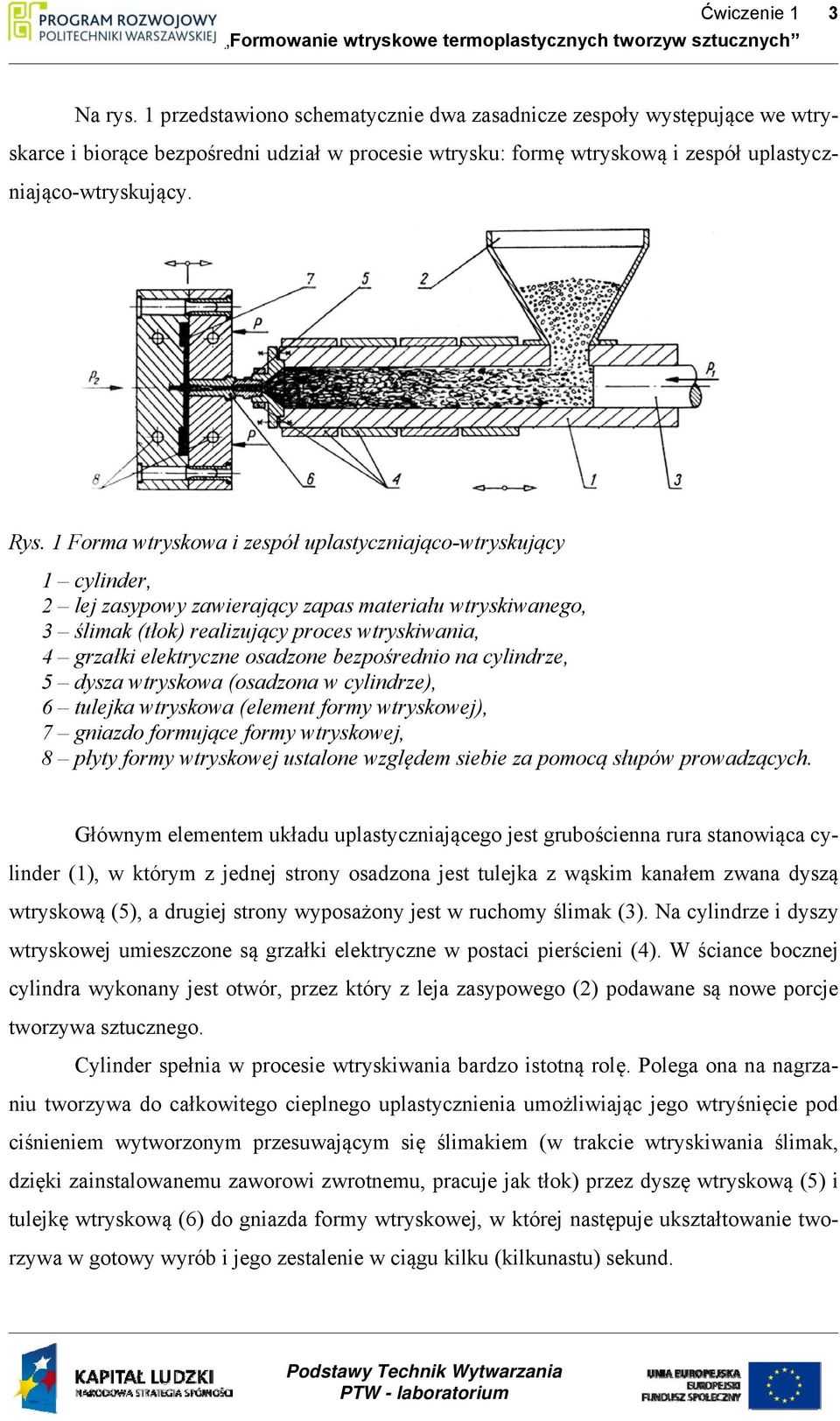 1 Forma wtryskowa i zespół uplastyczniająco-wtryskujący 1 cylinder, 2 lej zasypowy zawierający zapas materiału wtryskiwanego, 3 ślimak (tłok) realizujący proces wtryskiwania, 4 grzałki elektryczne