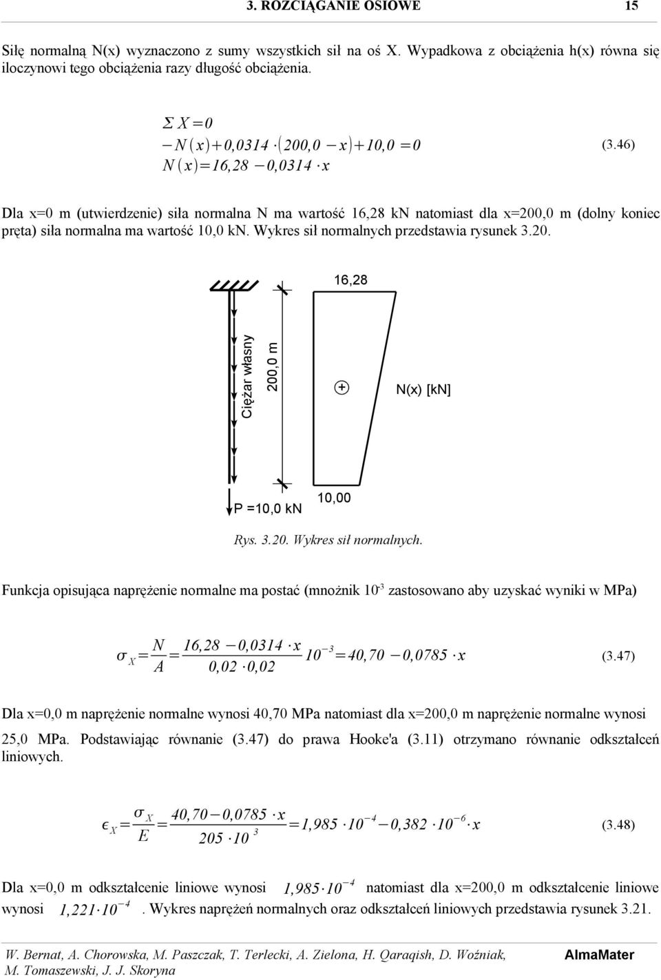 3.0. Wykres sił normalnych. Funkcja opisująca naprężenie normalne ma postać (mnożnik 0-3 zastosowano aby uzyskać wyniki w MPa) X= 6,8 0,034 x 3 = 0 =40,70 0,0785 x 0,0 0,0 (3.