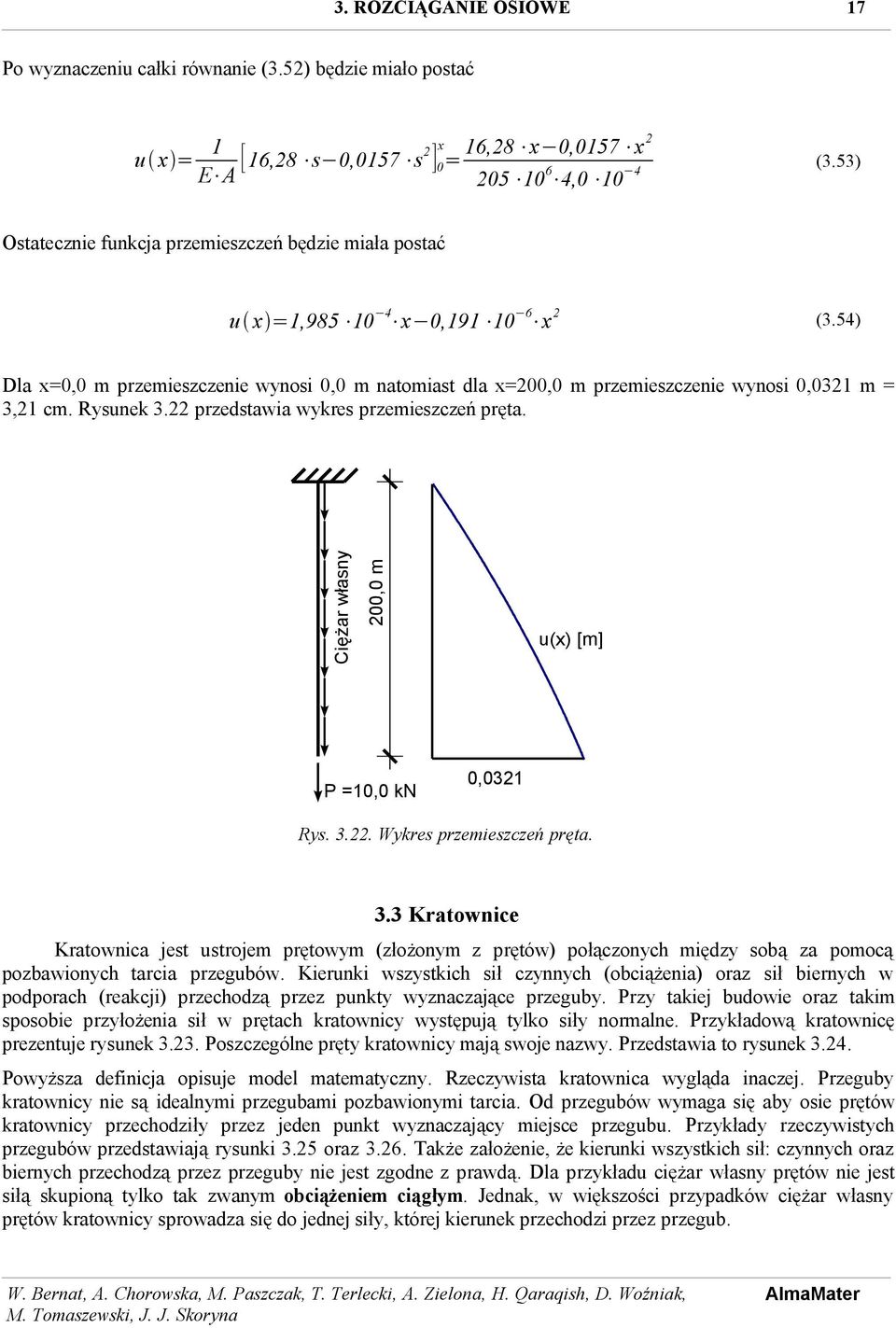 54) 00,0 m Ciężar własny Dla x=0,0 m przemieszczenie wynosi 0,0 m natomiast dla x=00,0 m przemieszczenie wynosi 0,03 m = 3, cm. Rysunek 3. przedstawia wykres przemieszczeń pręta.