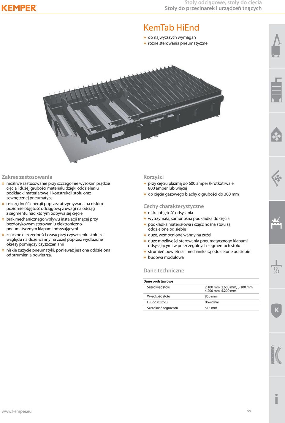 zewnętrznej pneumatyce» oszczędność energii poprzez utrzymywaną na niskim poziomie objętość odciągową z uwagi na odciąg z segmentu nad którym odbywa się cięcie» brak mechanicznego wpływu instalacji