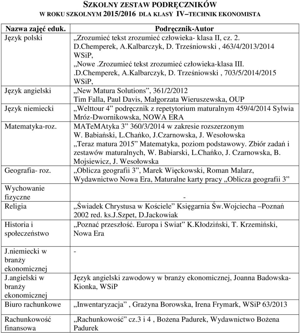 Trześniowski, 703/5/2014/2015 WSiP, Język angielski New Matura Solutions, 361/2/2012 Tim Falla, Paul Davis, Małgorzata Wieruszewska, OUP Język niemiecki Welttour 4 podręcznik z repetytorium