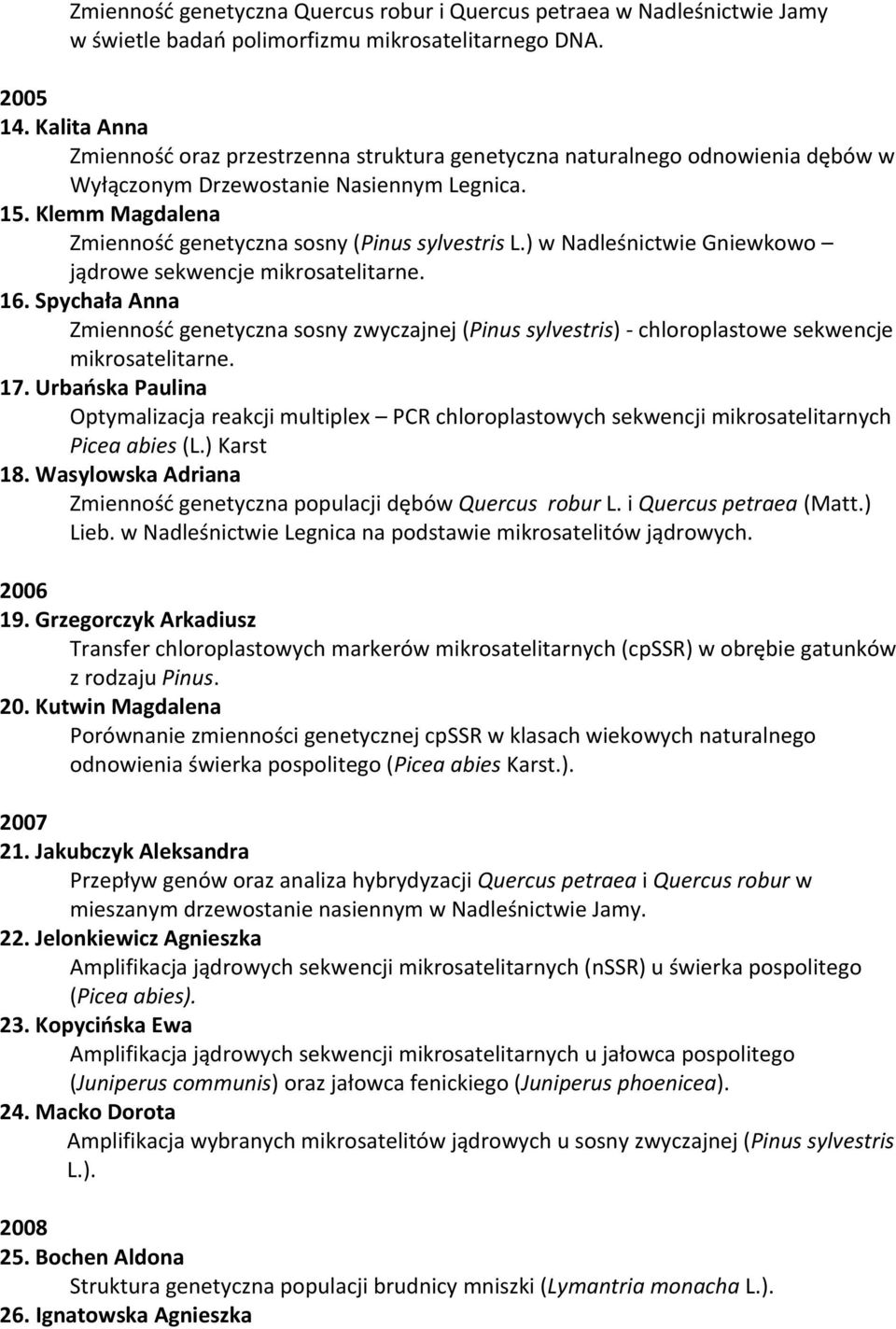 Klemm Magdalena Zmienność genetyczna sosny (Pinus sylvestris L.) w Nadleśnictwie Gniewkowo jądrowe sekwencje 16.