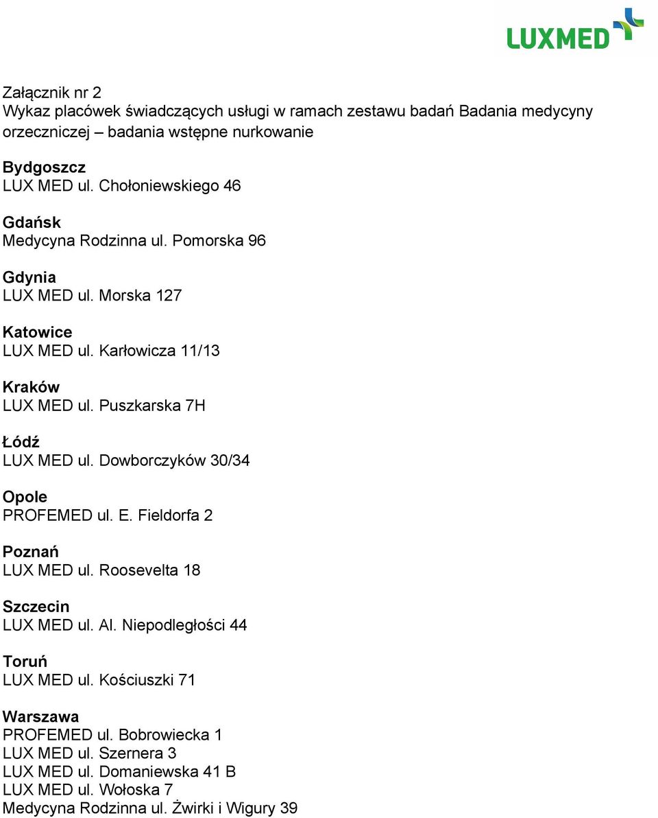 Puszkarska 7H Łódź LUX MED ul. Dowborczyków 30/34 Opole PROFEMED ul. E. Fieldorfa 2 Poznań LUX MED ul. Roosevelta 18 Szczecin LUX MED ul. Al.