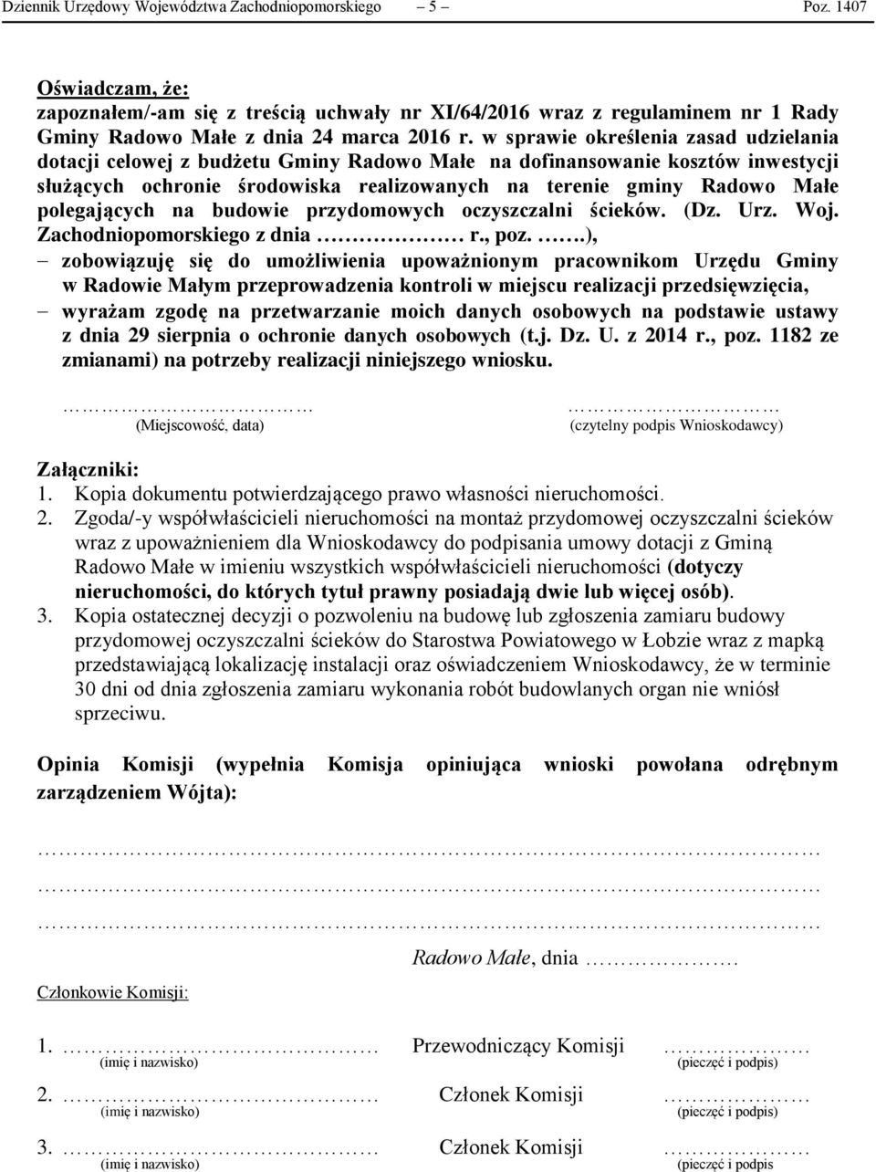 polegających na budowie przydomowych oczyszczalni ścieków. (Dz. Urz. Woj. Zachodniopomorskiego z dnia r., poz.