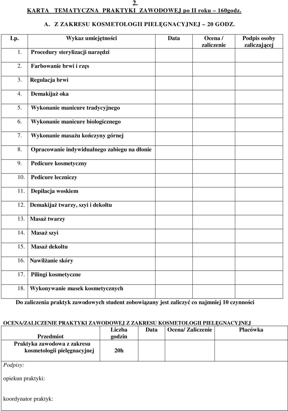 Wykonanie masaŝu kończyny górnej 8. Opracowanie indywidualnego zabiegu na dłonie 9. Pedicure kosmetyczny 10. Pedicure leczniczy 11. Depilacja woskiem 12. DemakijaŜ twarzy, szyi i dekoltu 13.