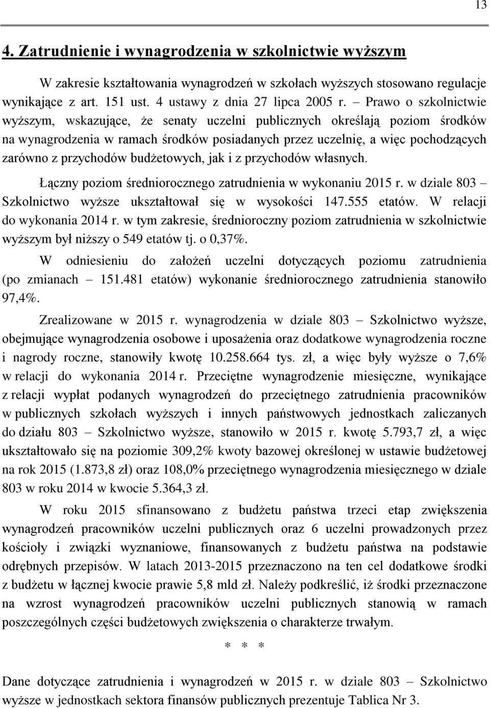 budżetowych, jak i z przychodów własnych. Łączny poziom średniorocznego zatrudnienia w wykonaniu 2015 r. w dziale 803 Szkolnictwo wyższe ukształtował się w wysokości 147.555 etatów.