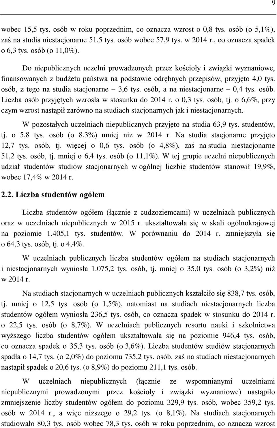 osób, z tego na studia stacjonarne 3,6 tys. osób, a na niestacjonarne 0,4 tys. osób. Liczba osób przyjętych wzrosła w stosunku do 2014 r. o 0,3 tys. osób, tj.