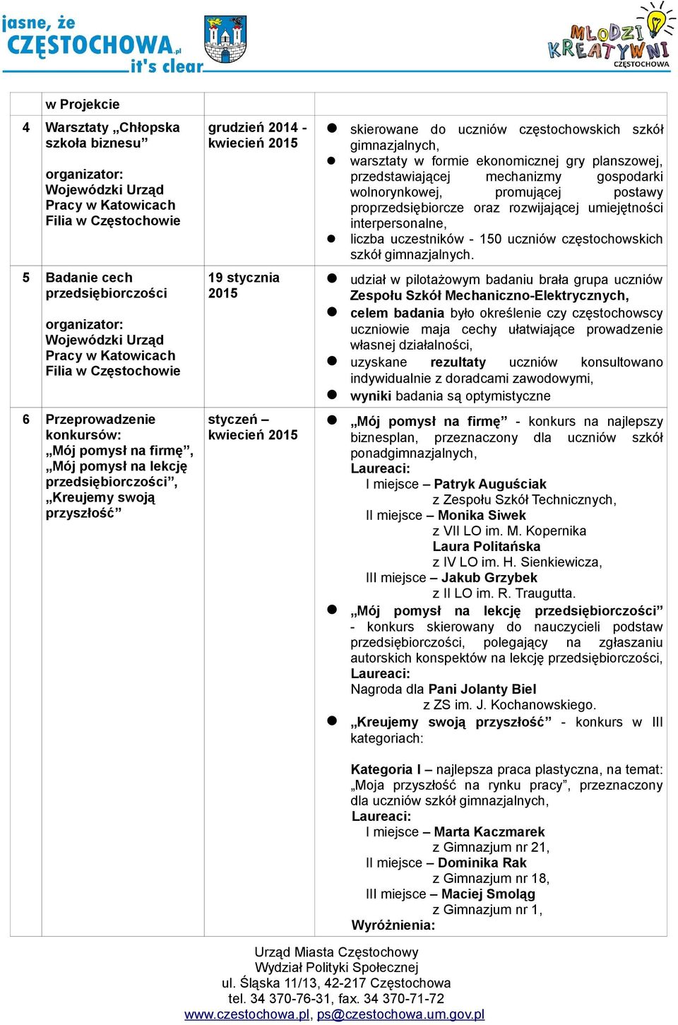 promującej postawy proprzedsiębiorcze oraz rozwijającej umiejętności interpersonalne, liczba uczestników - 150 uczniów częstochowskich szkół gimnazjalnych.