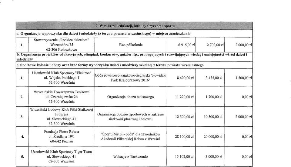 62-306 Kołaczkowo b. Organizacja projektów edukacyjnych, olimpiad, konkursów, ąuizów itp., propagujących i rozwijających wiedzę i umiejętności wśród dzieci i młodzieży c.