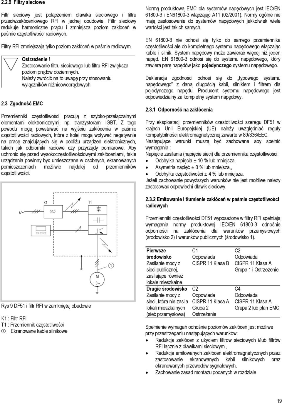 Zastosowanie filtru sieciowego lub filtru RFI zwiększa poziom prądów doziemnych. Należy zwrócić na to uwagę przy stosowaniu wyłączników różnicowoprądowych 2.