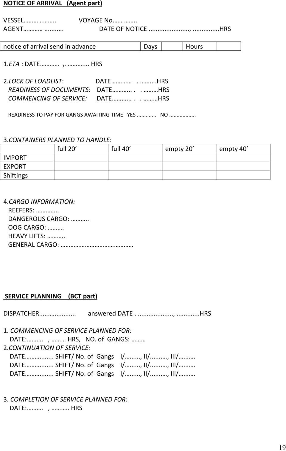 CONTAINERS PLANNED TO HANDLE: full 20 full 40 empty 20 empty 40 IMPORT EXPORT Shiftings 4.CARGO INFORMATION: REEFERS:.. DANGEROUS CARGO:.. OOG CARGO:. HEAVY LIFTS:.