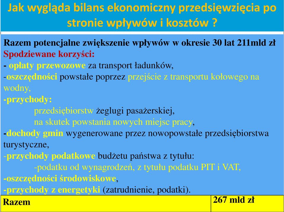 poprzez przejście z transportu kołowego na wodny, -przychody: przedsiębiorstw żeglugi pasażerskiej, na skutek powstania nowych miejsc pracy, -dochody gmin