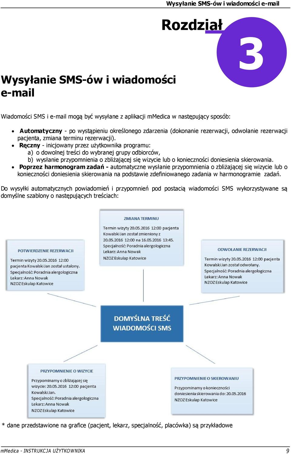 Ręczny - inicjowany przez użytkownika programu: a) o dowolnej treści do wybranej grupy odbiorców, b) wysłanie przypomnienia o zbliżającej się wizycie lub o konieczności doniesienia skierowania.