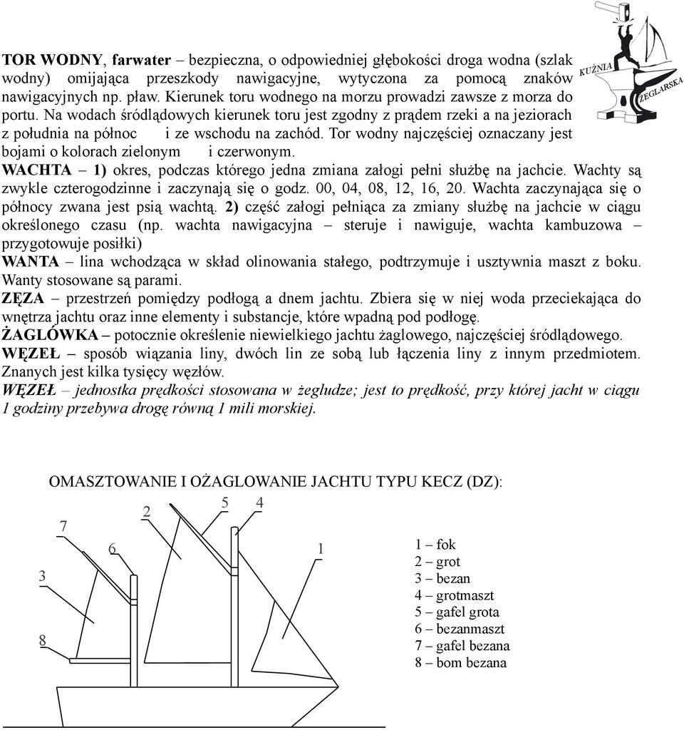 Tor wodny najczęściej oznaczany jest bojami o kolorach zielonym i czerwonym. WACHTA 1) okres, podczas którego jedna zmiana załogi pełni służbę na jachcie.