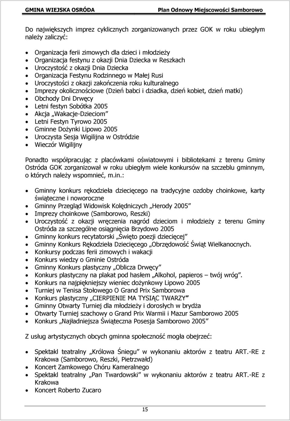 matki) Obchody Dni Drwęcy Letni festyn Sobótka 2005 Akcja Wakacje-Dzieciom Letni Festyn Tyrowo 2005 Gminne Dożynki Lipowo 2005 Uroczysta Sesja Wigilijna w Ostródzie Wieczór Wigilijny Ponadto