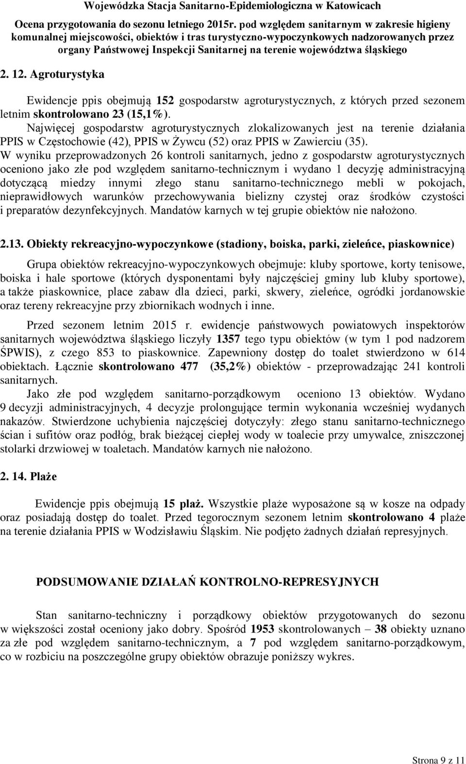 W wyniku przeprowadzonych 26 kontroli sanitarnych, jedno z gospodarstw agroturystycznych oceniono jako złe pod względem sanitarno-technicznym i wydano decyzję administracyjną dotyczącą miedzy innymi