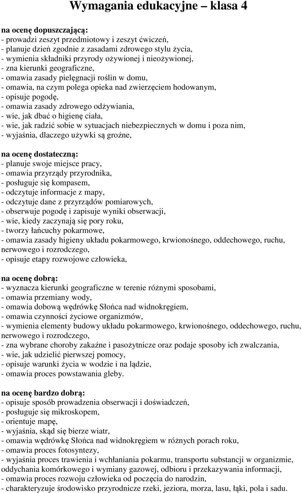 odżywiania, - wie, jak dbać o higienę ciała, - wie, jak radzić sobie w sytuacjach niebezpiecznych w domu i poza nim, - wyjaśnia, dlaczego używki są groźne, na ocenę dostateczną: - planuje swoje