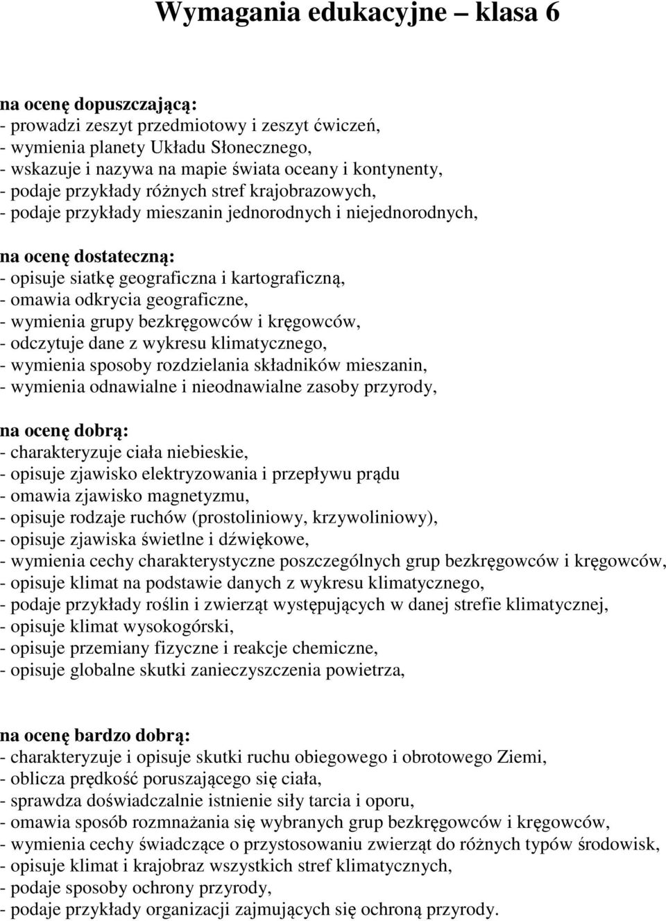 geograficzne, - wymienia grupy bezkręgowców i kręgowców, - odczytuje dane z wykresu klimatycznego, - wymienia sposoby rozdzielania składników mieszanin, - wymienia odnawialne i nieodnawialne zasoby