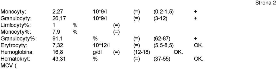 MCHC (ŚSH): 38,9 g/dl (=) (31-34) + RDWc: 14,3 % (=) Trombocyty: 223 10*9/l (=) (200-500) OK. PCT: 0,22 % (=) MPV: 10 fl (=) (3,9-11) OK.