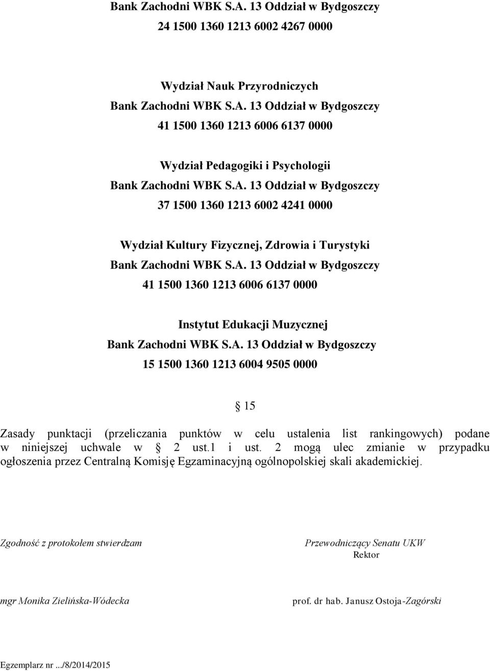 A. 13 Oddział w Bydgoszczy 15 1500 1360 1213 6004 9505 0000 15 Zasady punktacji (przeliczania punktów w celu ustalenia list rankingowych) podane w niniejszej uchwale w 2 ust.1 i ust.