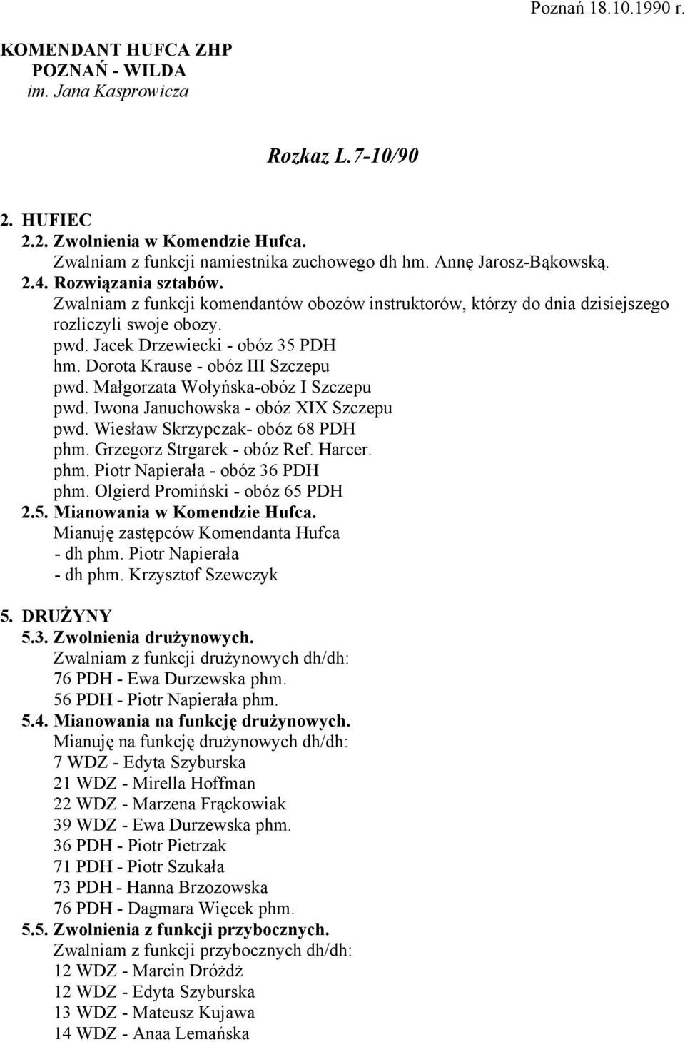 Dorota Krause - obóz III Szczepu pwd. Małgorzata Wołyńska-obóz I Szczepu pwd. Iwona Januchowska - obóz XIX Szczepu pwd. Wiesław Skrzypczak- obóz 68 PDH phm. Grzegorz Strgarek - obóz Ref. Harcer. phm. Piotr Napierała - obóz 36 PDH phm.