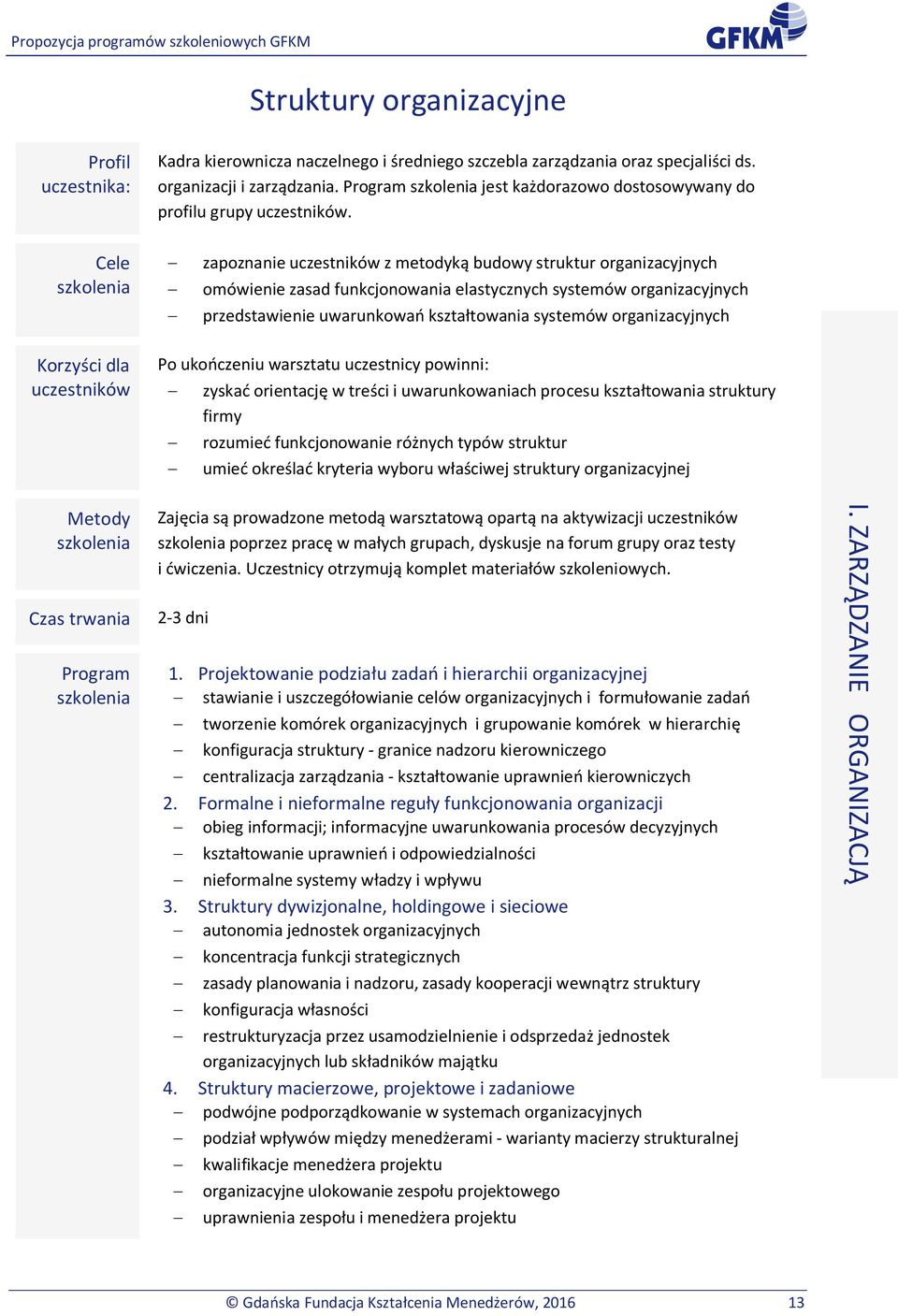 ukończeniu warsztatu uczestnicy powinni: - zyskać orientację w treści i uwarunkowaniach procesu kształtowania struktury firmy - rozumieć funkcjonowanie różnych typów struktur - umieć określać