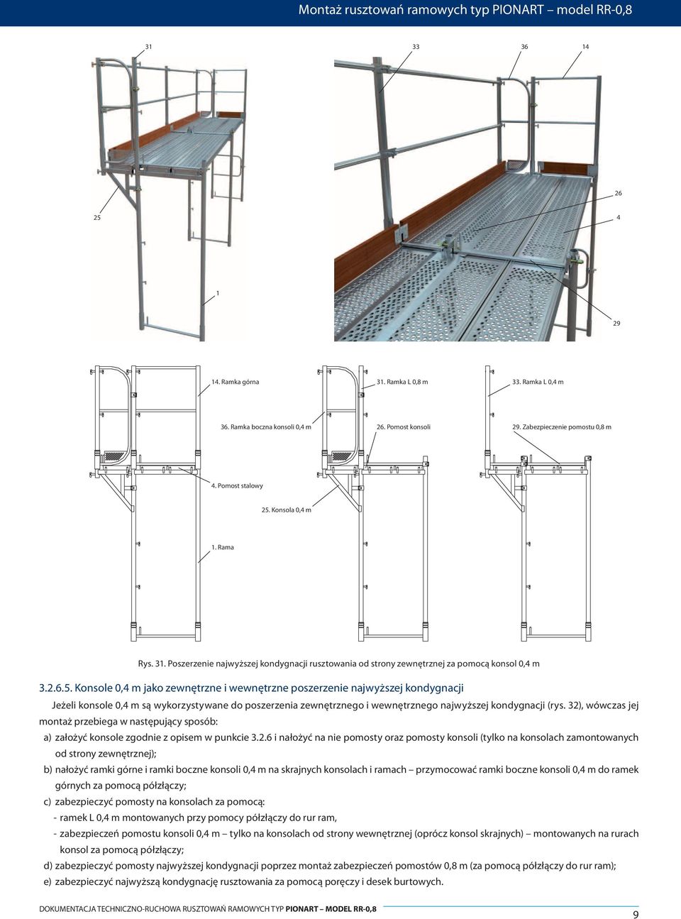 32), wówczas jej montaż przebiega w następujący sposób: a) założyć konsole zgodnie z opisem w punkcie 3.2.6 i nałożyć na nie pomosty oraz pomosty konsoli (tylko na konsolach zamontowanych od strony