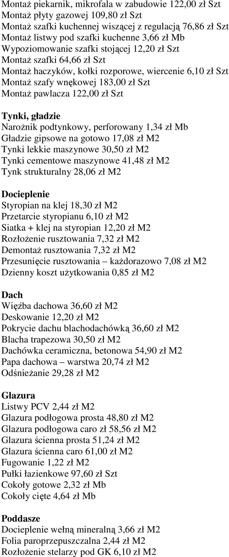 gładzie NaroŜnik podtynkowy, perforowany 1,34 zł Mb Gładzie gipsowe na gotowo 17,08 zł M2 Tynki lekkie maszynowe 30,50 zł M2 Tynki cementowe maszynowe 41,48 zł M2 Tynk strukturalny 28,06 zł M2