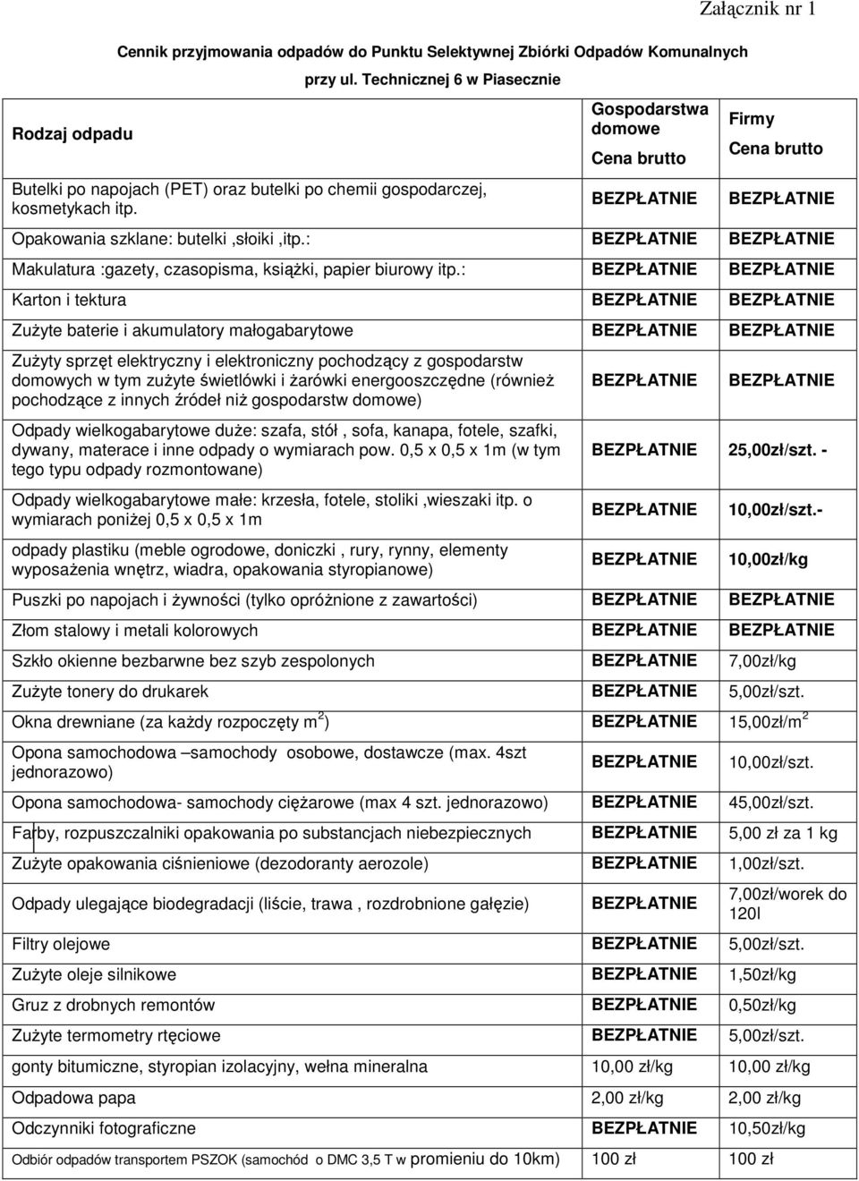 Gospodarstwa domowe Cena brutto Załącznik nr 1 Firmy Cena brutto Opakowania szklane: butelki,słoiki,itp.: Makulatura :gazety, czasopisma, książki, papier biurowy itp.