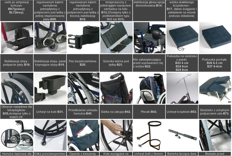 stabilizacja głowy-opcja demontowalna-b14. wózka skałdanego krzyżakowo - B17. (łatwe ściąganie i zakładanie na wózek podczas składania) Stabilizacja stopy - podparcie pięty B18.
