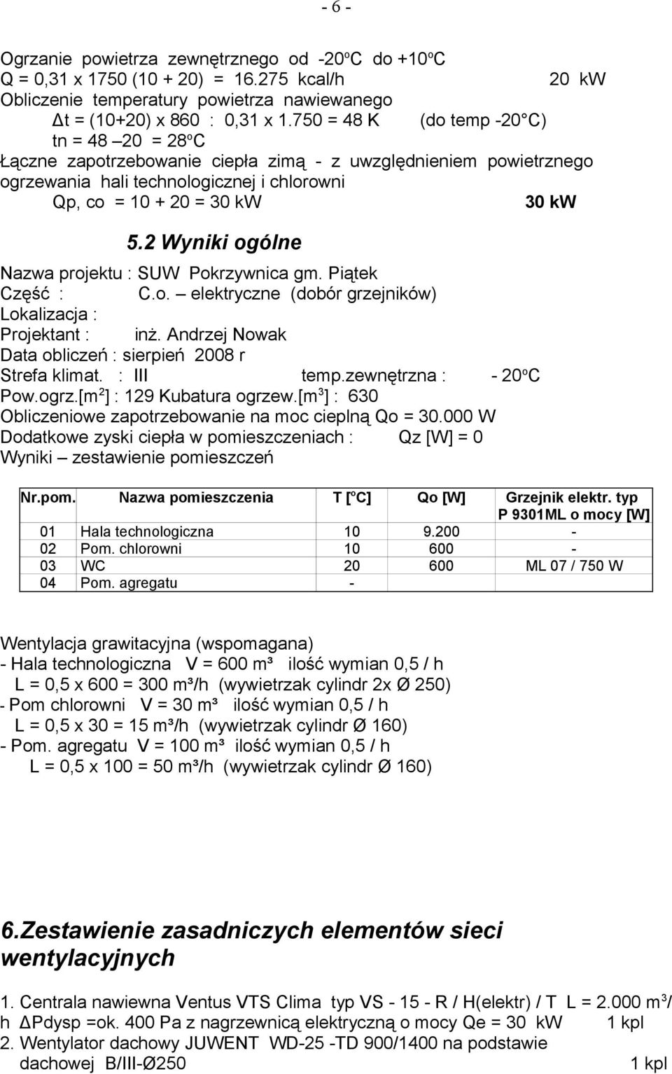 2 Wyniki ogólne Nazwa projektu : SUW Pokrzywnica gm. Piątek Część : C.o. elektryczne (dobór grzejników) Lokalizacja : Projektant : inż. Andrzej Nowak Data obliczeń : sierpień 2008 r Strefa klimat.