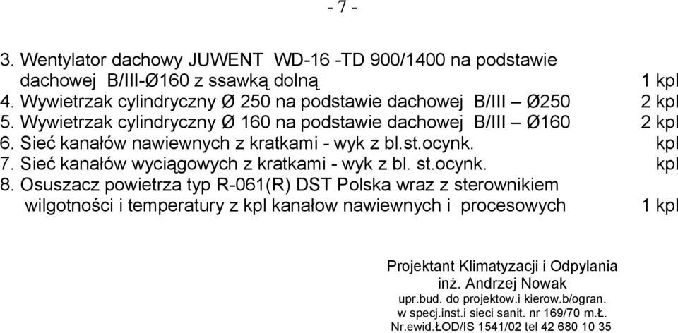 Sieć kanałów nawiewnych z kratkami wyk z bl.st.ocynk. kpl 7. Sieć kanałów wyciągowych z kratkami wyk z bl. st.ocynk. kpl 8.