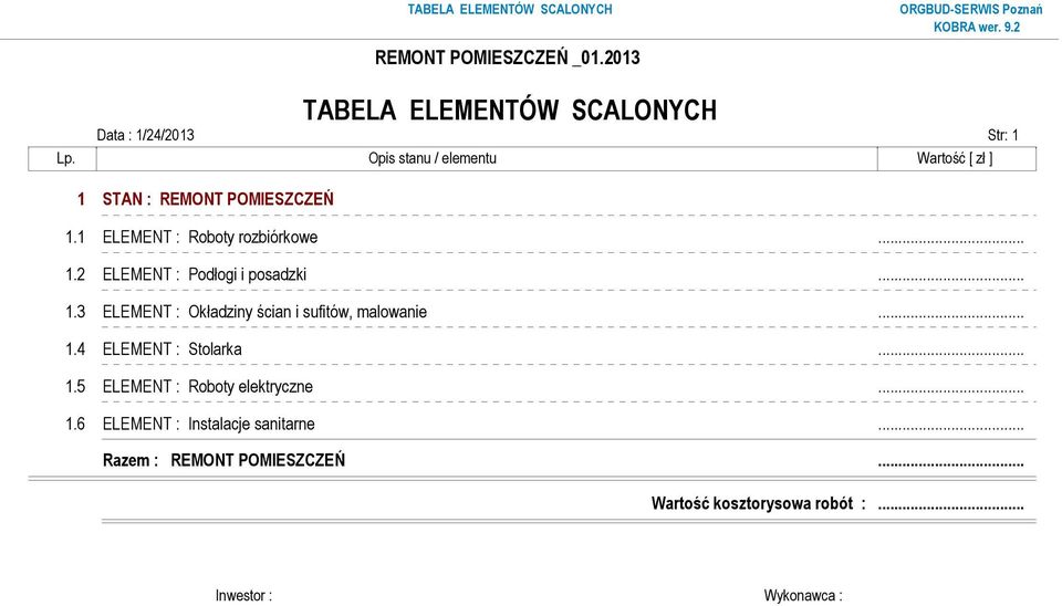 .. 1.3 ELEMENT : Okładziny ścian i sufitów, malowanie... 1.4 ELEMENT : Stolarka... 1.5 ELEMENT : Roboty elektryczne.