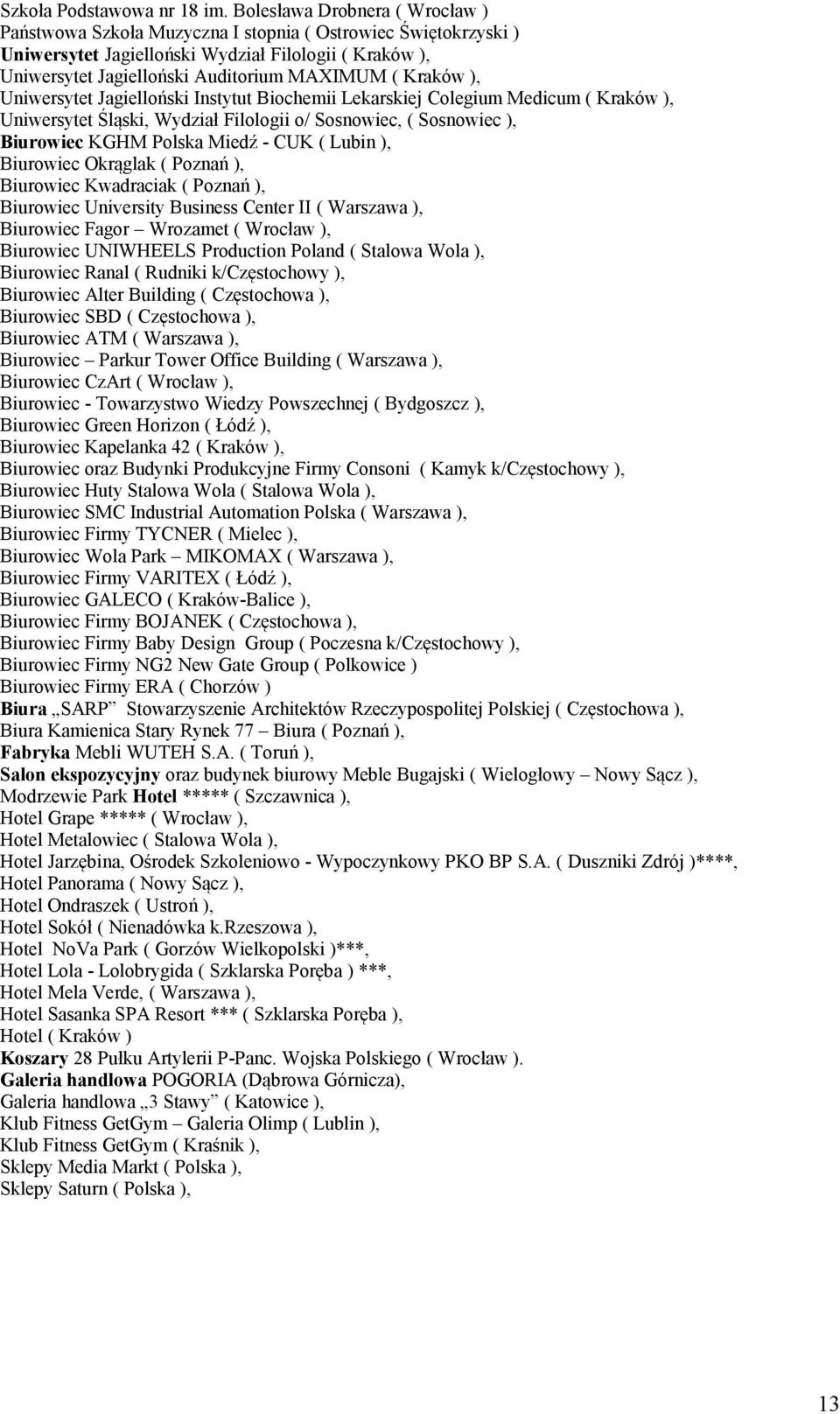 Kraków ), Uniwersytet Jagielloński Instytut Biochemii Lekarskiej Colegium Medicum ( Kraków ), Uniwersytet Śląski, Wydział Filologii o/ Sosnowiec, ( Sosnowiec ), Biurowiec KGHM Polska Miedź - CUK (