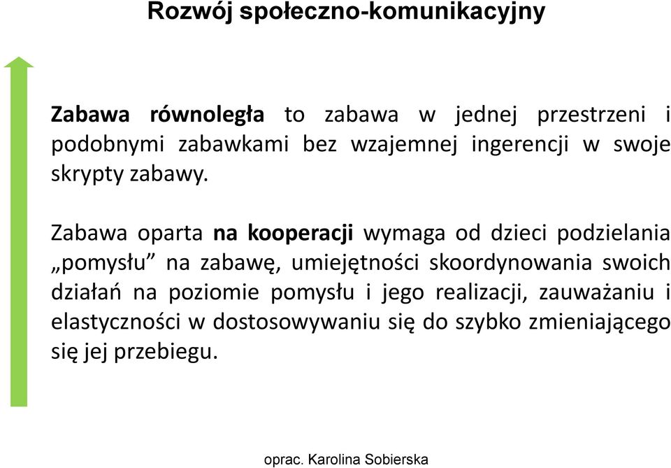 Zabawa oparta na kooperacji wymaga od dzieci podzielania pomysłu na zabawę, umiejętności skoordynowania