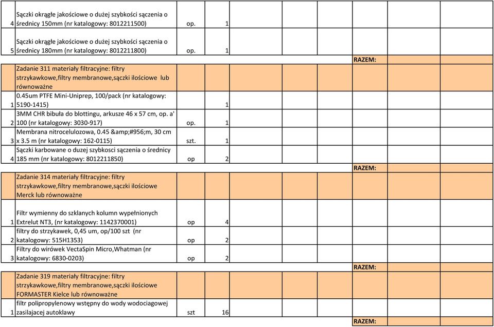 1 Zadanie 311 materiały filtracyjne: filtry strzykawkowe,filtry membranowe,sączki ilościowe lub 0.