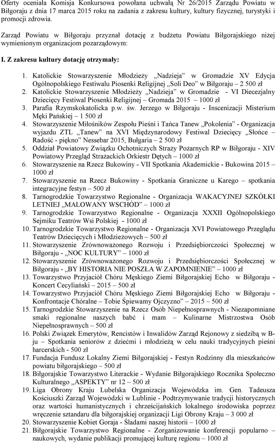 Katolickie Stowarzyszenie Młodzieży Nadzieja w Gromadzie XV Edycja Ogólnopolskiego Festiwalu Piosenki Religijnej Soli Deo w Biłgoraju 2 500 zł 2.