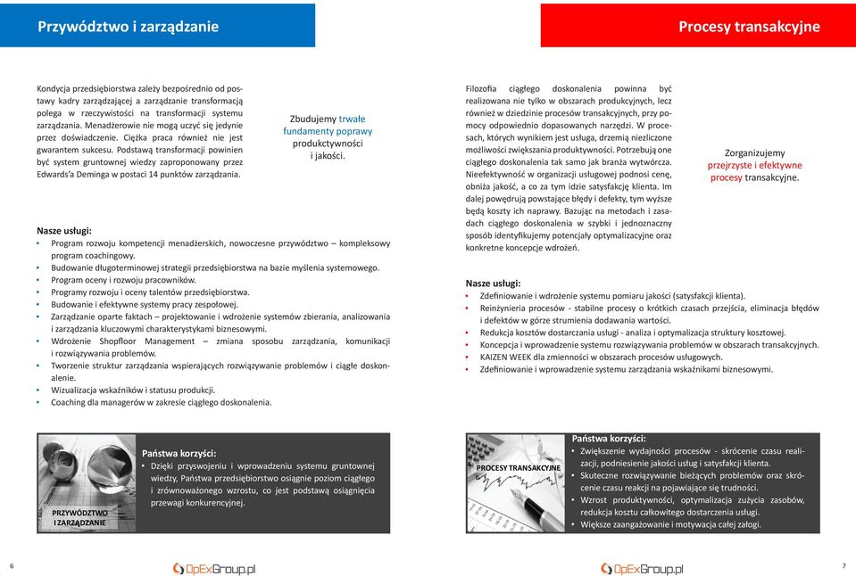 Podstawą transformacji powinien być system gruntownej wiedzy zaproponowany przez Edwards a Deminga w postaci 14 punktów zarządzania. Zbudujemy trwałe fundamenty poprawy produkctywności i jakości.