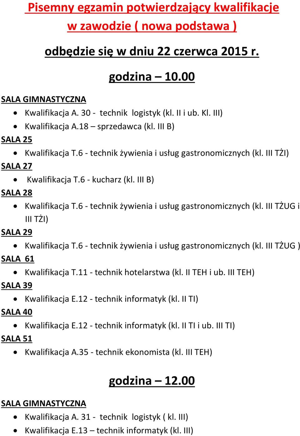 6 - technik żywienia i usług gastronomicznych (kl. III TŻUG i III TŻI) SALA 29 Kwalifikacja T.6 - technik żywienia i usług gastronomicznych (kl. III TŻUG ) SALA 61 Kwalifikacja T.