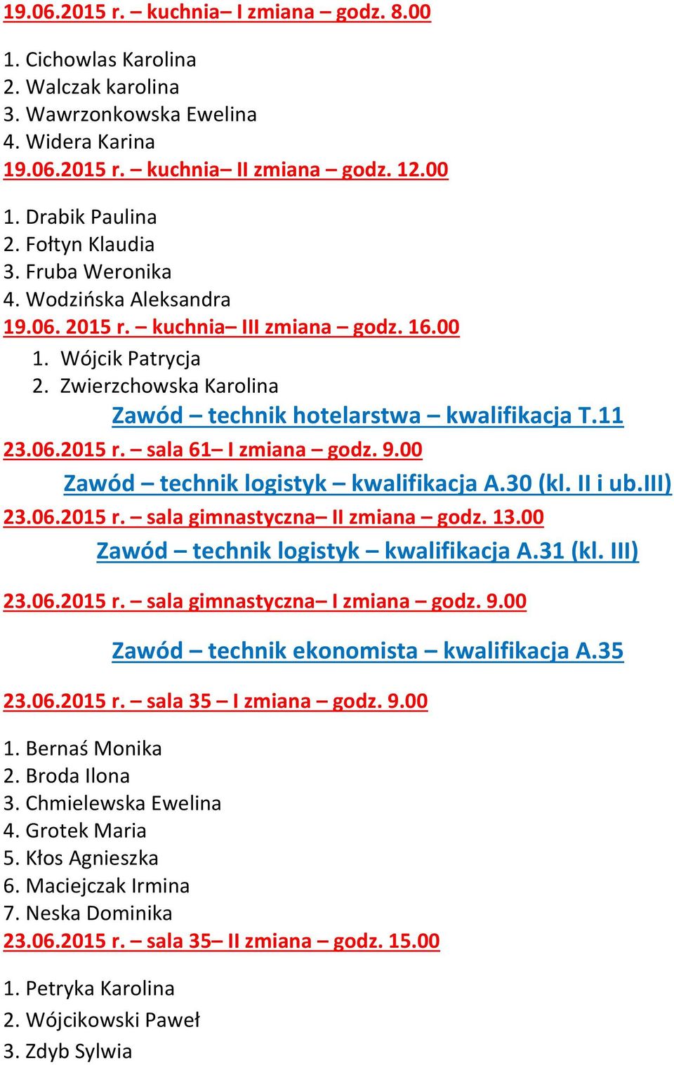 9.00 Zawód technik logistyk kwalifikacja A.30 (kl. II i ub.iii) 23.06.2015 r. sala gimnastyczna II zmiana godz. 13.00 Zawód technik logistyk kwalifikacja A.31 (kl. III) 23.06.2015 r. sala gimnastyczna I zmiana godz.